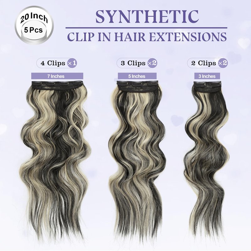 WOKAA Synthetic Clip in Hair Extensions Long Wavy Hair Extension Clip ins 5Pcs 20 Inch Black mix Blonde Thick Hairpieces for Women