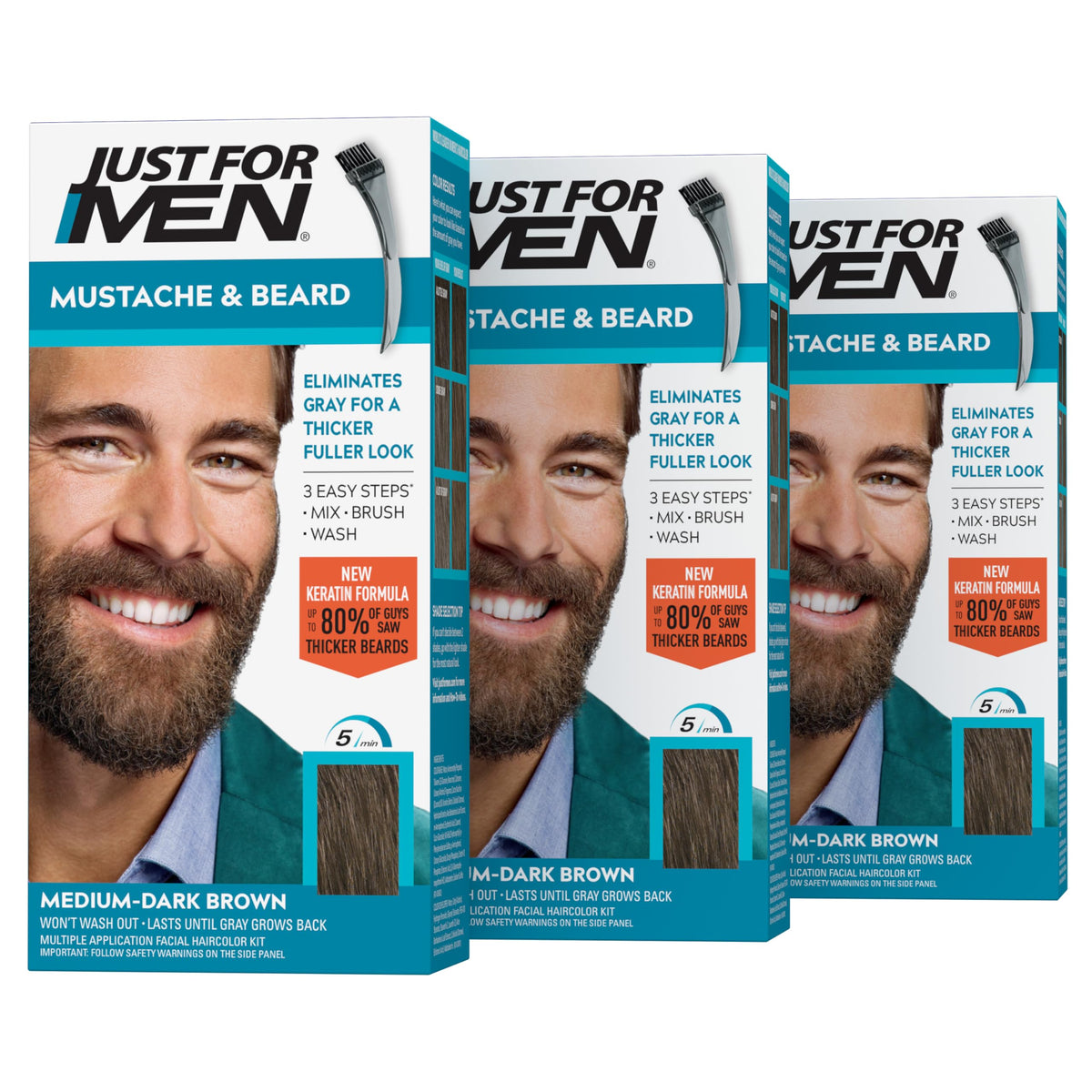 Just For Men Mustache & Beard, Beard Coloring for Gray Hair with Brush, With Keratin Biotin Aloe and Coconut Oil for Healthy Facial Hair - Medium-Dark Brown, M-40, Pack of 3