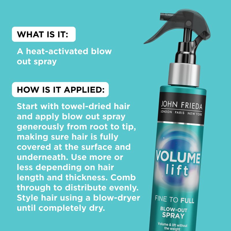 John Frieda Volume Lift Blow-Out Spray, Lightweight Volumizing Blow-Out Spray with Air-Silk Technology for Fine or Flat Hair, Adds Long-Lasting Volume, Texture, and Body for Thin hair, 4 Oz