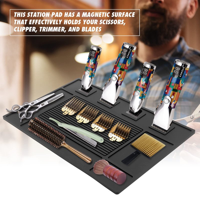 MoyRetty Magnetic Barber Organizer Mat for Clippers(17.7'' x 11.8''), Professional Anti-Slip Heat-Resistant Silicone Pad for Hair Stylist Supplies- 4 Magnets
