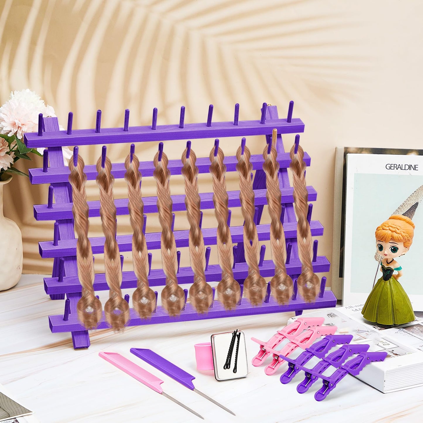 Juexica 19 Pieces Braiding Hair Rack Braid Hair Extension Tools Utensils Include Braiding Stand, 10 Parting Comb Ring, 5 Sectioning Clips, 2 Rat Tail Comb and Magnetic Pin Wristband(Purple)