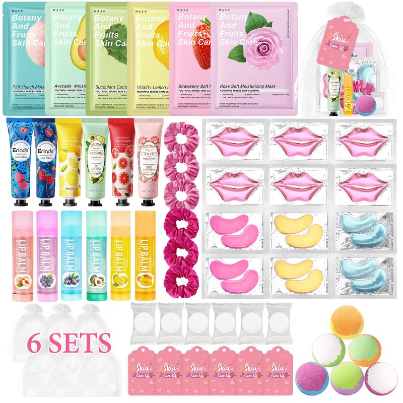60 PCS Spa Party Supplies for Girls, Spa Party Favors Include Face Masks Skincare, Hand Cream, Lip Balm, Under Eye Patches, Lip Mask, Foot Bath Bombs, Bulk Birthday Sleepover Party Supplies for Women