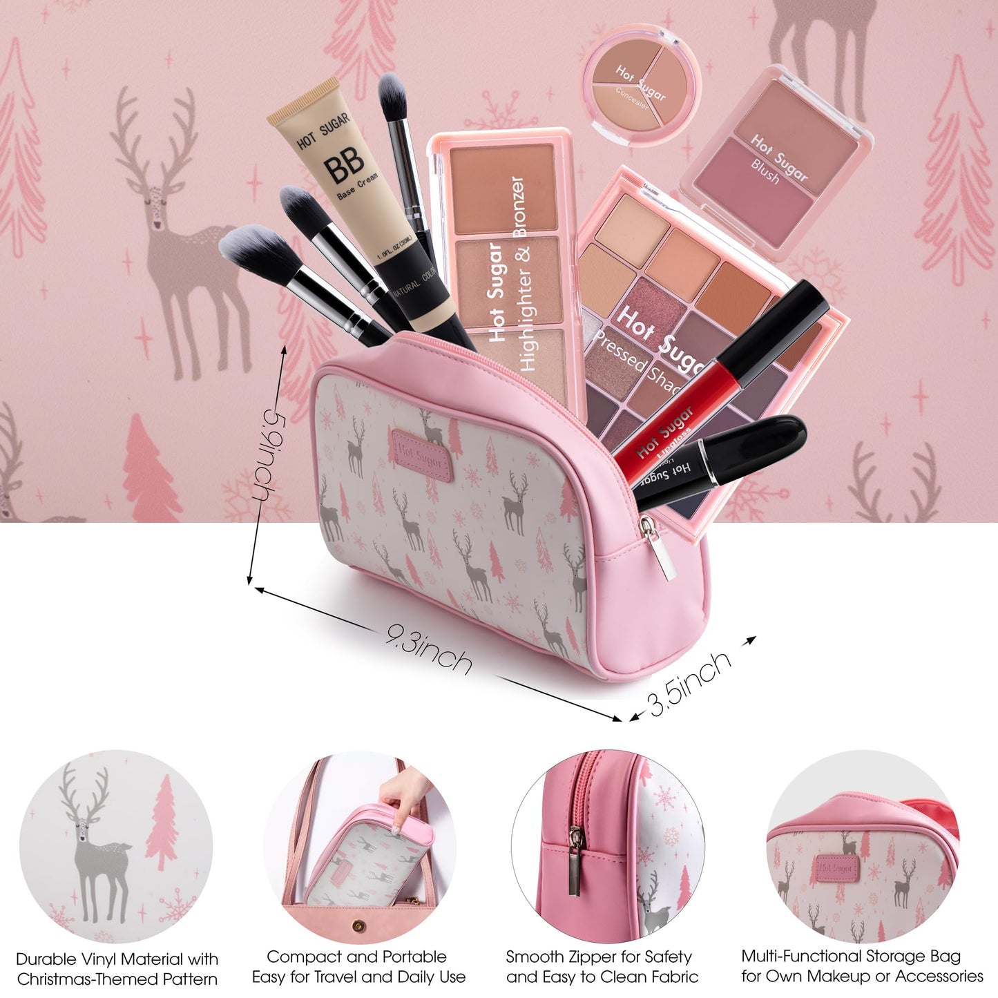 Hot Sugar Travel Makeup Kit All in One, Makeup Kit for Women Full Kit, Makeup Gift Set for Beginners and Professionals with Cosmetic Bag (Pink)