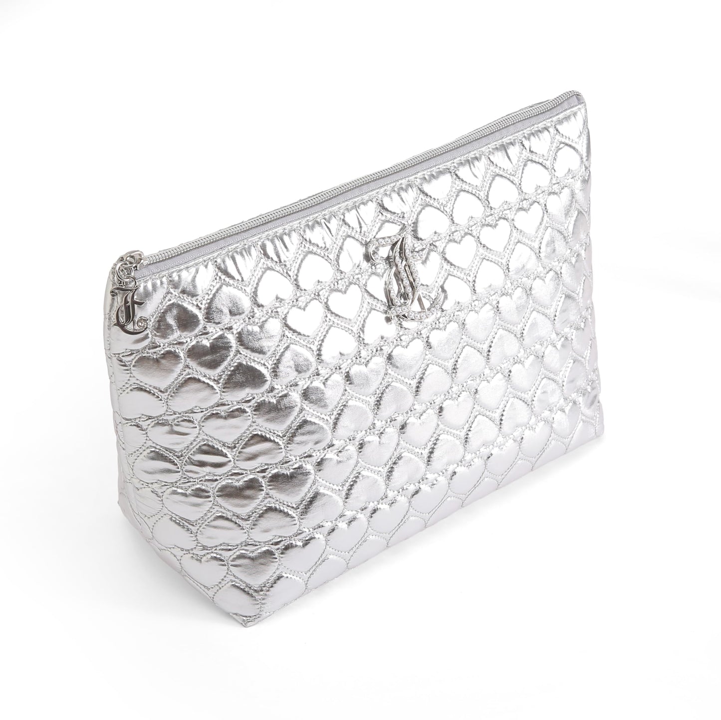 Juicy Couture Silver Makeup Bag Cosmetics Organizer Travel Essentials Top Zip Pouch Shiny Quilted Heart