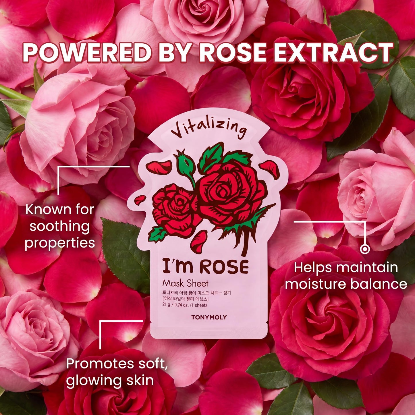 TONYMOLY I’m Rose Sheet Mask - Korean Hydrating & Moisturizing Face Mask with Vitamin Infused Rose Extract, Soothes Skin