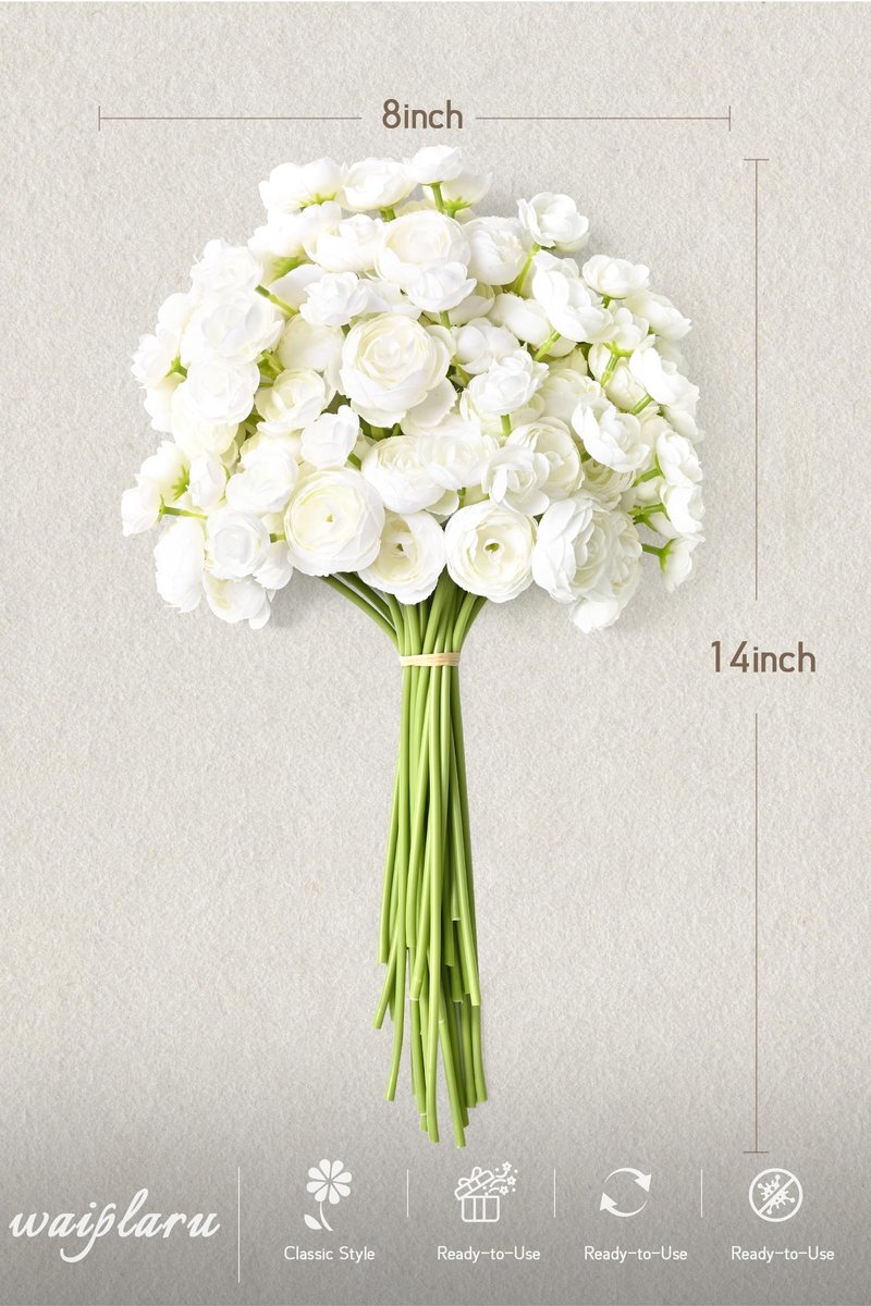Waipfaru Ranunculus Artificial Flowers, 18Pcs 14In Fake Peonies Artificial Flowers, White Faux Flower for Vase Silk Flower Real Touch Faux Peony Bulk for DIY Wedding Bouquet Home Bridal Shower Decor