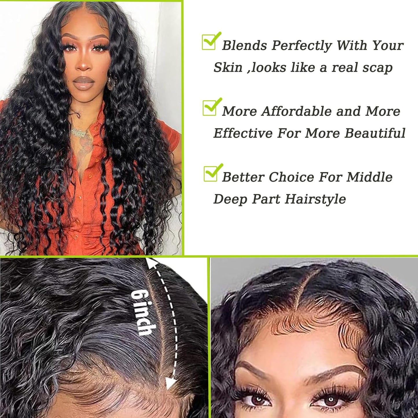 2x6 Deep Wave Closure Brazilian 100% Unprocessed Human Virgin Hair Deep Wave Hd 2x6 Lace Closure Natural Hairline With Baby Hair Wet And Wavy Color Black 16 Inch