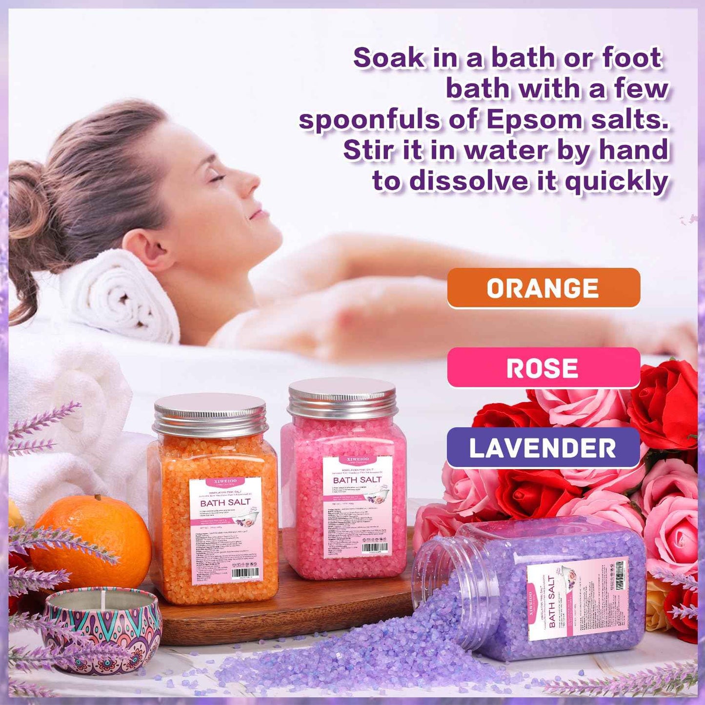 XIWEIOO Bath Salt 3 Pack Kit Himalayan Pink Salt Foot Soak Lavender Orange Rose Scent Tea Tree Oil Epsom Salt Bubble Bath for Women Dead Sea Salt Moisturizing Skin Softens Calluses Mom Bath Sea Salt