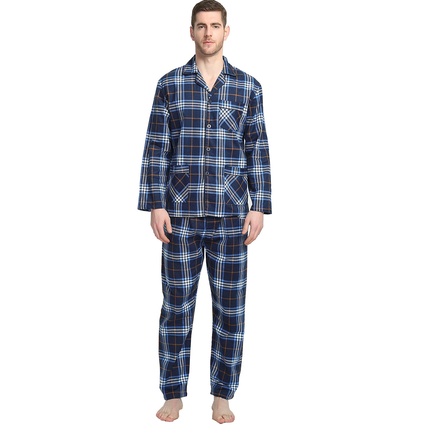 GLOBAL Men's Pajamas Sets 100% Cotton Flannel Sleepwear Long-Sleeve top & Bottom