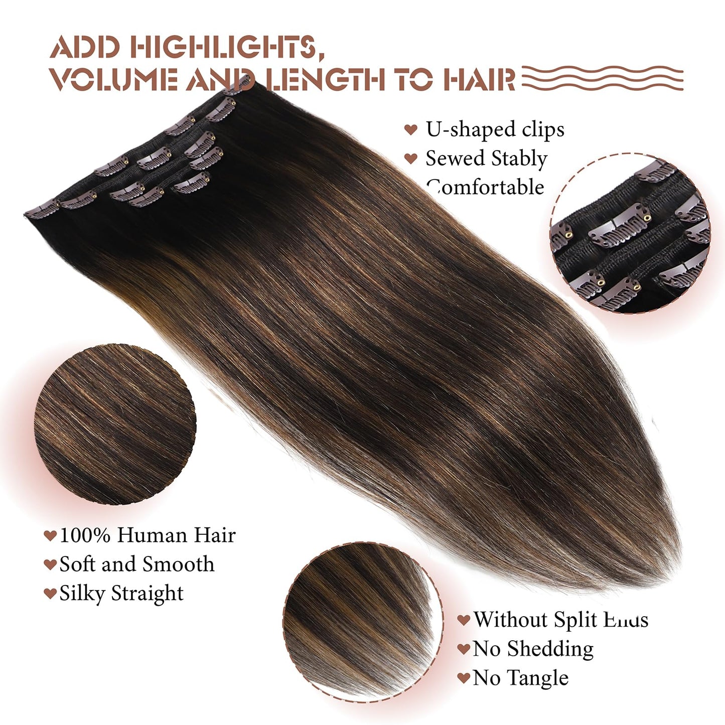 Hair Extensions Real Human Hair Balayage Clip in Hair Extensions Remy Human Hair Dark Brown to Chestnut Brown 18 Inch Straight Hair Extension Clip ins 80g/5pcs Double Weft