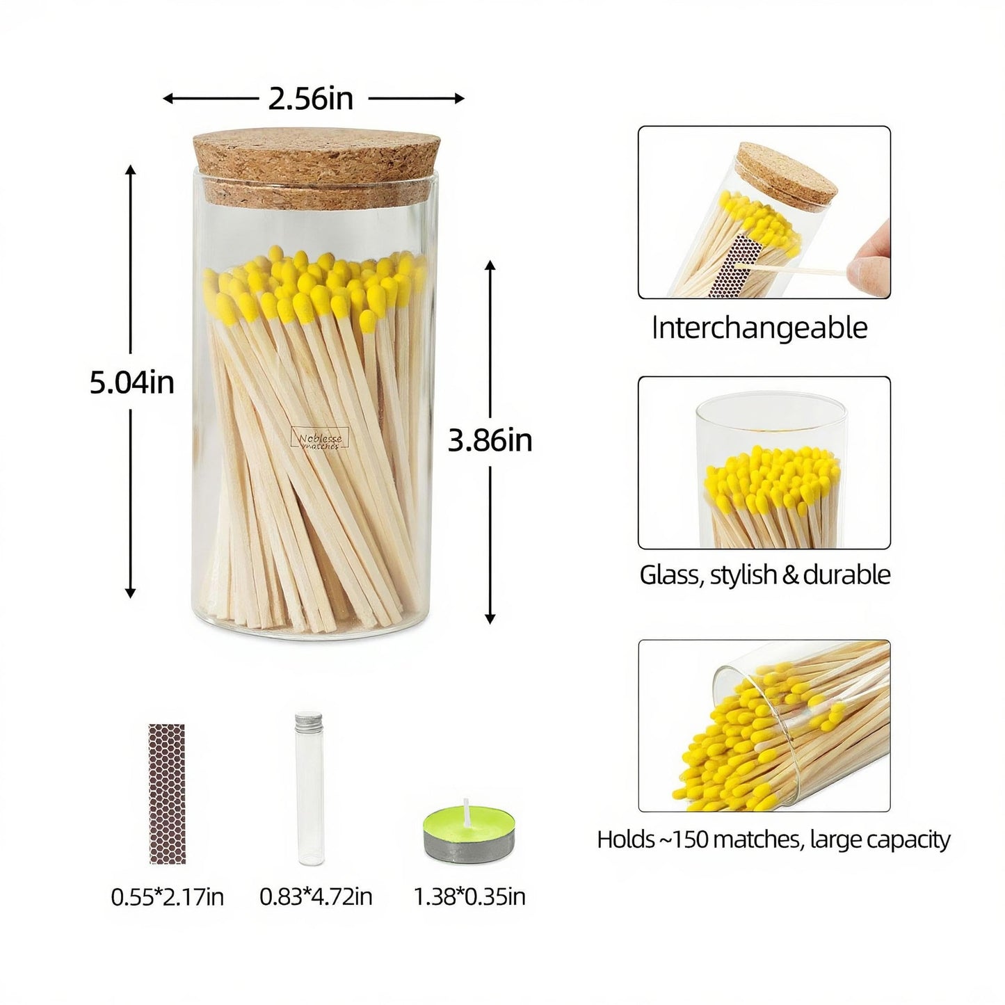 Meya Luxury Colored Safety Matches | 4-Inch Long Matches in Glass Jar | Perfect for Lighting Candles | 150 PIECES | 10 CANDLES AND EXTRA EMPTY JAR GIFT (YELLOW)