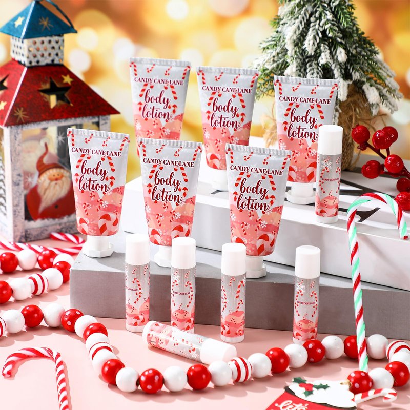Sacubee 24 Set Christmas Candy Peppermint Cane Lip Balm and Body Lotion Bulk Christmas Hand Cream for Women Peppermint Lip Balm for Women Men Travel Size Body Lotion Gift