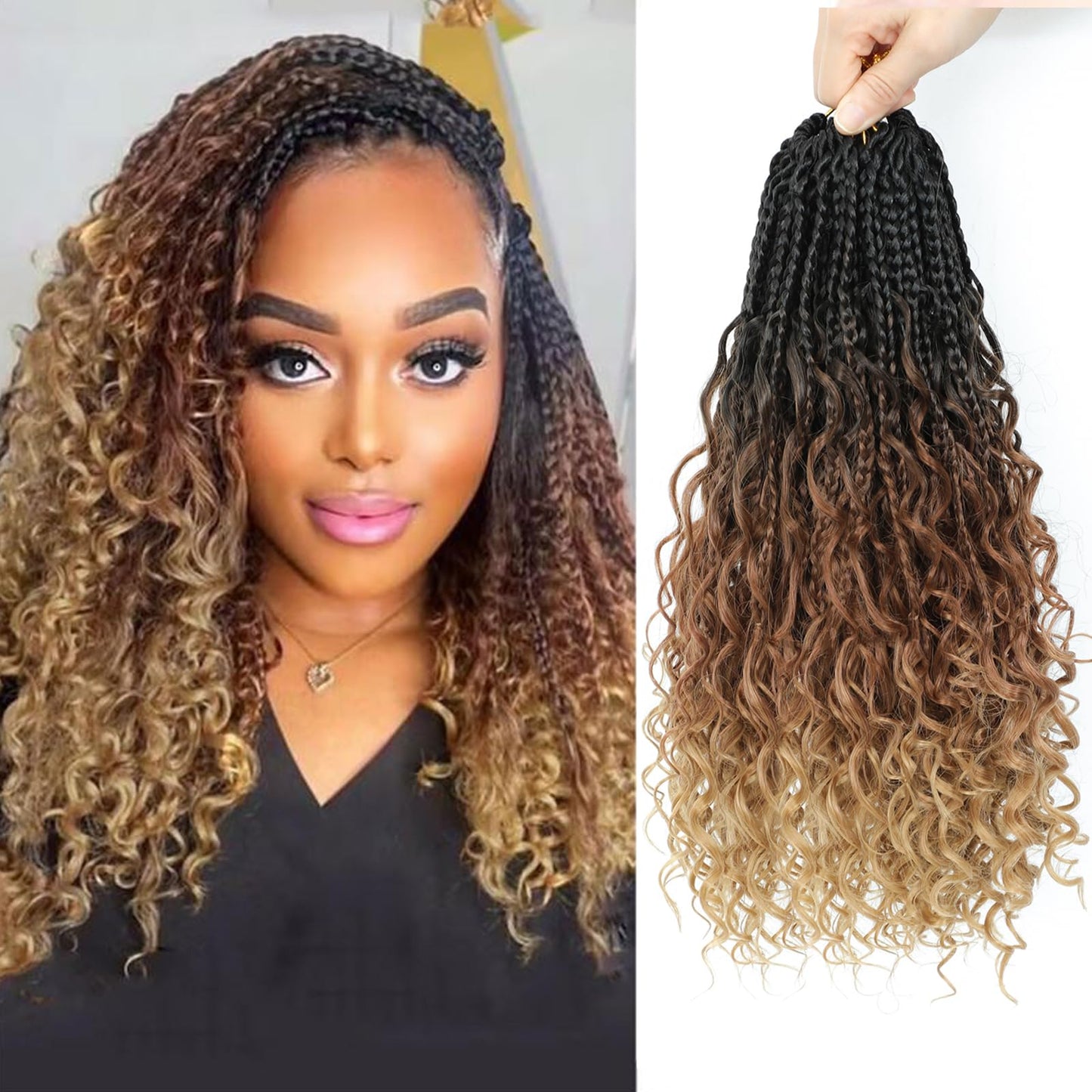 9 Packs Goddess Box Braids Crochet Hair 14 Inch Pre Looped Boho Crochet Braids Box Braids Crochet Hair With Curly Ends Crochet Braids Bohemian Synthetic Hair For Women (14 Inch, 1B/30/27)