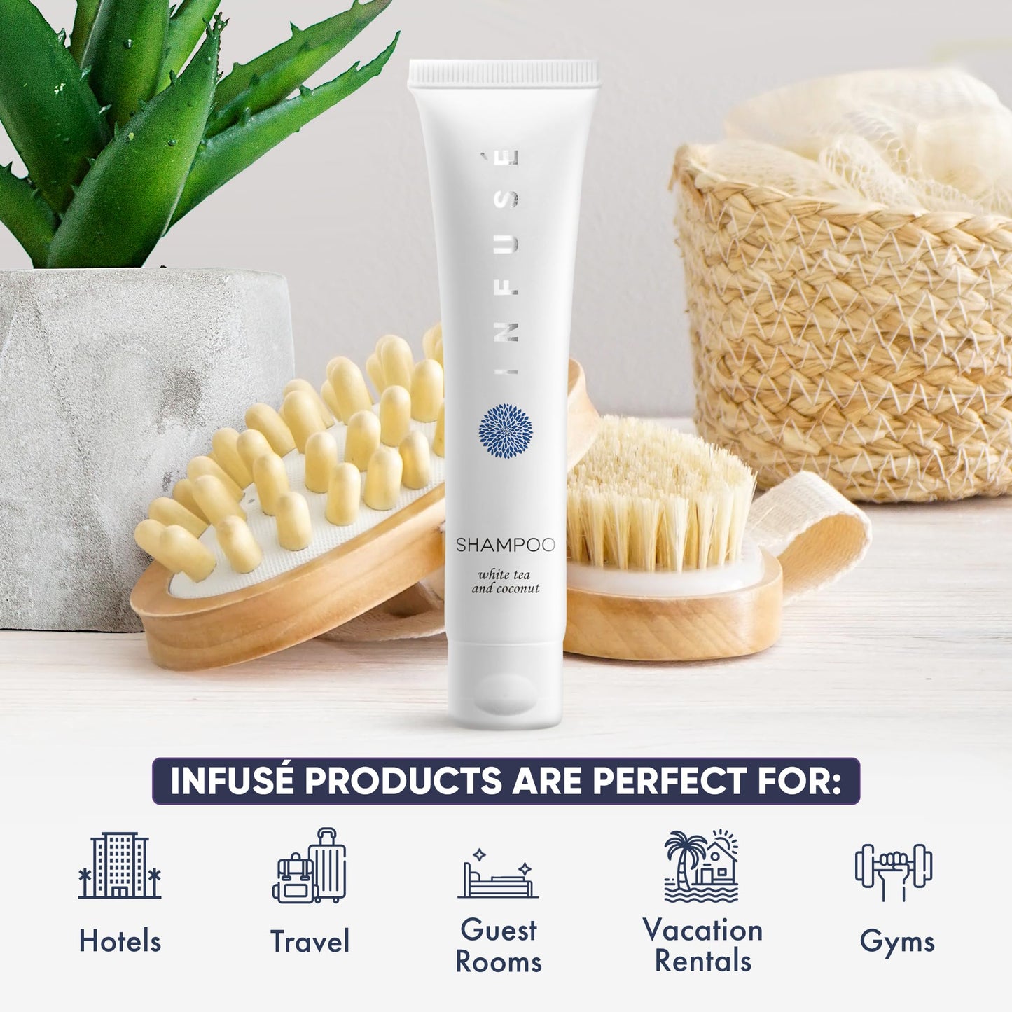 Travel Size Hotel Shampoo 20 Count 1 oz Bottles Guest Amenities for Hotels Vacation Rentals and Short Term Rentals Paraben Free White Tea and Coconut Scent Infused with Aloe and Olive Oil by INFUSE