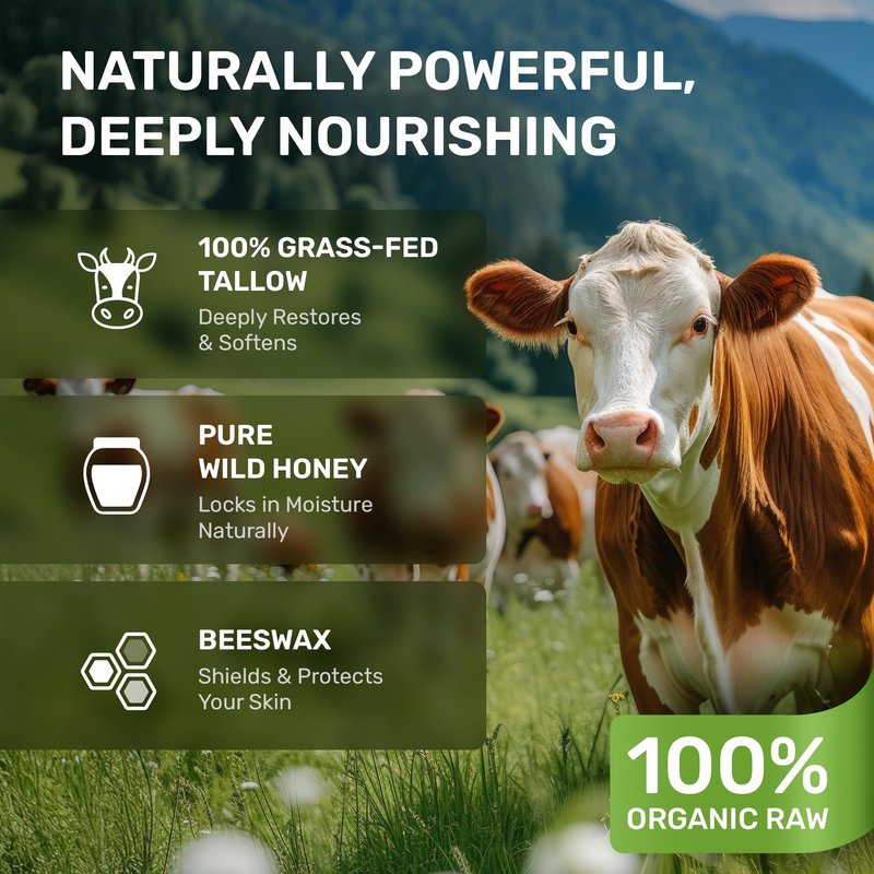 Beef Tallow for Skin - Grass Fed Whipped Tallow and Honey Balm for Face, 3-Ingredient Fragrance Free Beef Tallow for Face and Body with Beeswax - Moisturizer for Dry Sensitive Skin, 4.3 oz