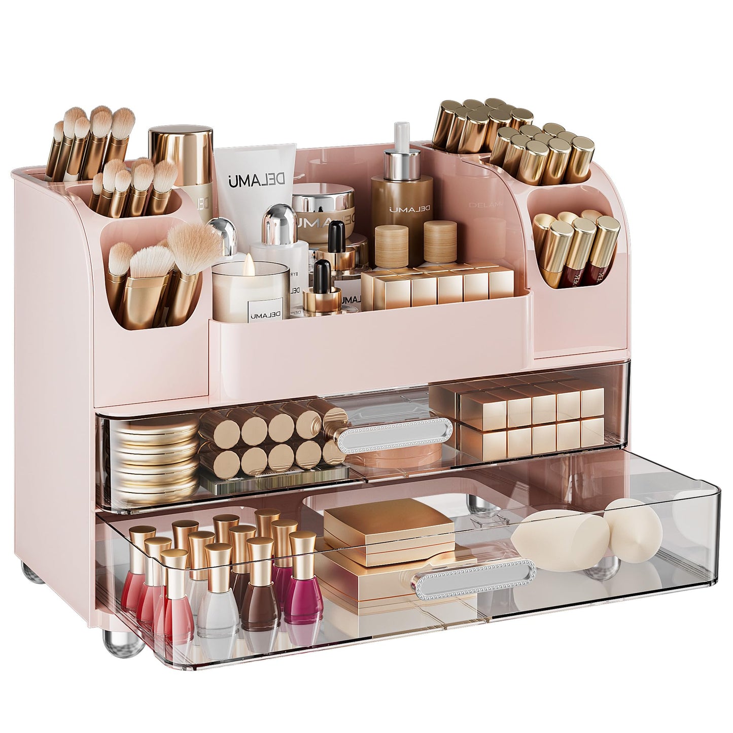 Delamu Large Makeup Organizer Countertop with 6 Brush Holders, Makeup Organizers for Vanity with 2 Large Drawers, Easy to Store Skincare, Lipsticks, Nail Polishes, Perfumes, Eyeshadow Palettes, Pink
