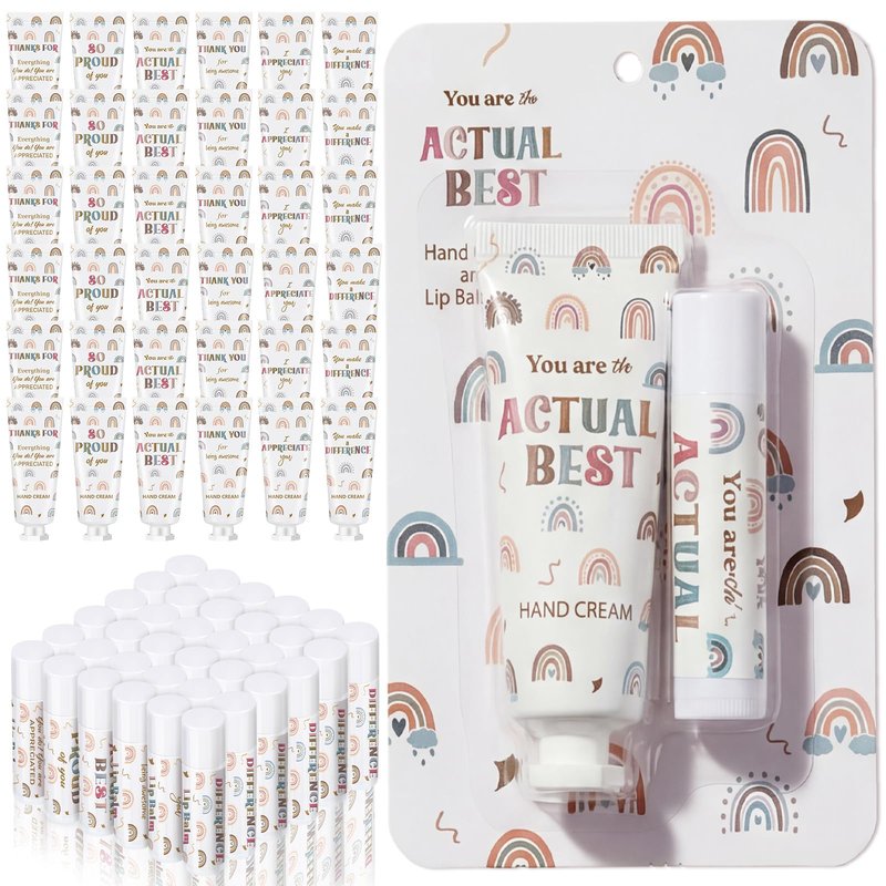 Loopeer 36 Set/ 72 Pcs End of Year Teacher Employee Appreciation Gift Bulk Boho Rainbow Lip Balm Hand Cream Lotion Set Small Staff Team Thank You Gifts Party Favors for Women Employee Coworker