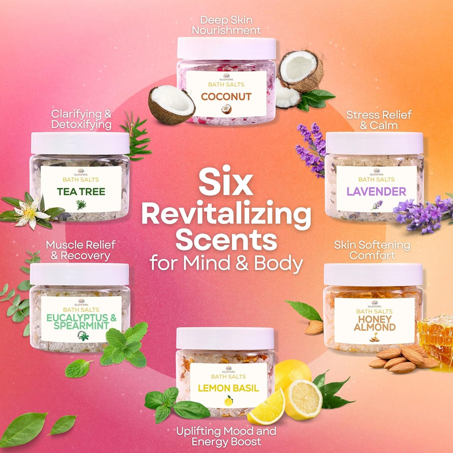 Epsom Salt Bath Soak Gift Set - 6 Relaxing Scented Bath Salts | Lavender, Rose, Chamomile, Eucalyptus, Coconut, Orange