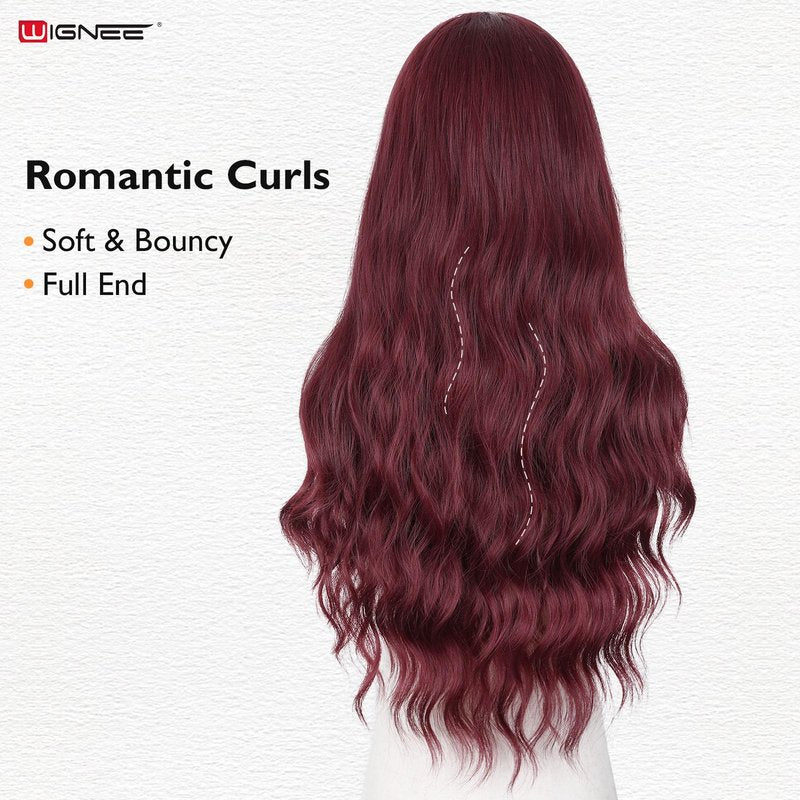 WIGNEE Long Red Wig Middle Part Dark Red Wig 26 Inches Long Wavy Wigs for white women Natural Looking Wavy Wig For Women Daily Party Use(Burgendy)