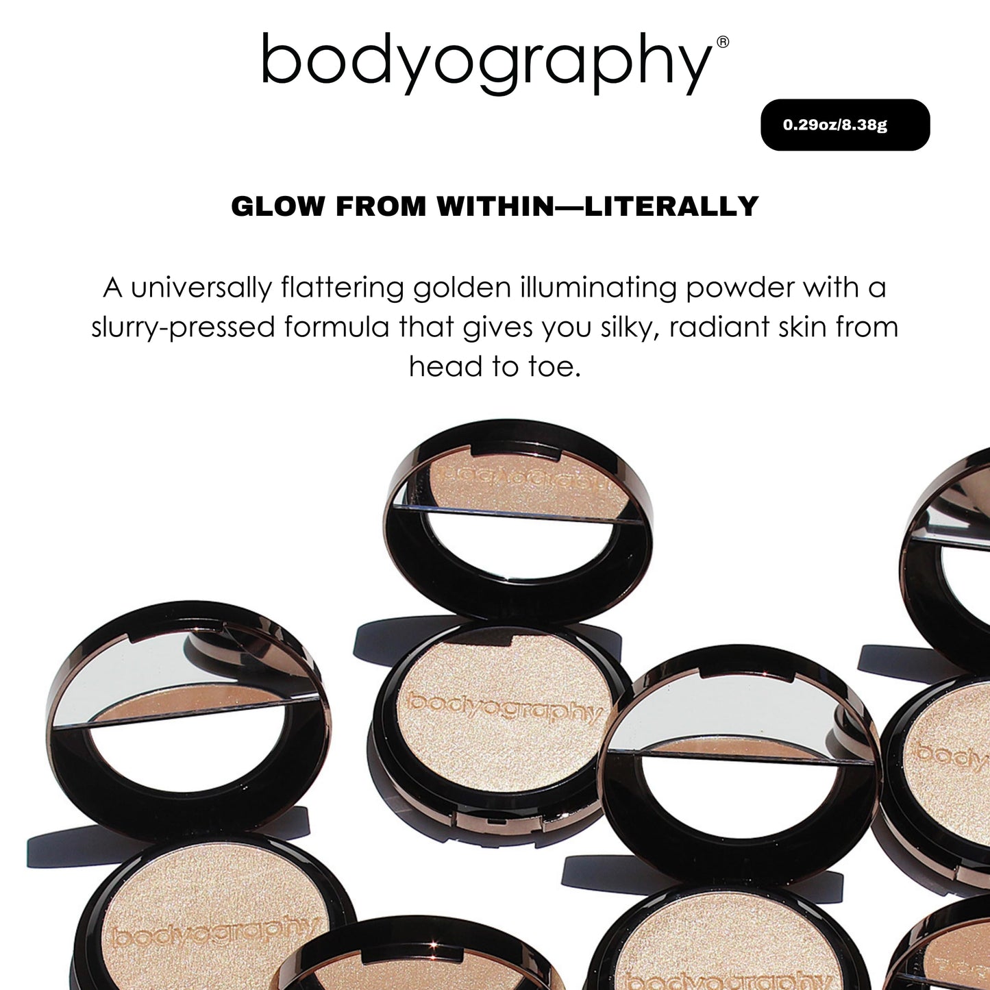 Bodyography Highlighter Pressed Powder, From Within | Universal Shade Powder Compact for Face, Eyes & Body | Buildable Wet or Dry Application | Silky, Finely Milled, Long-Wear Glow for All Skin Tones