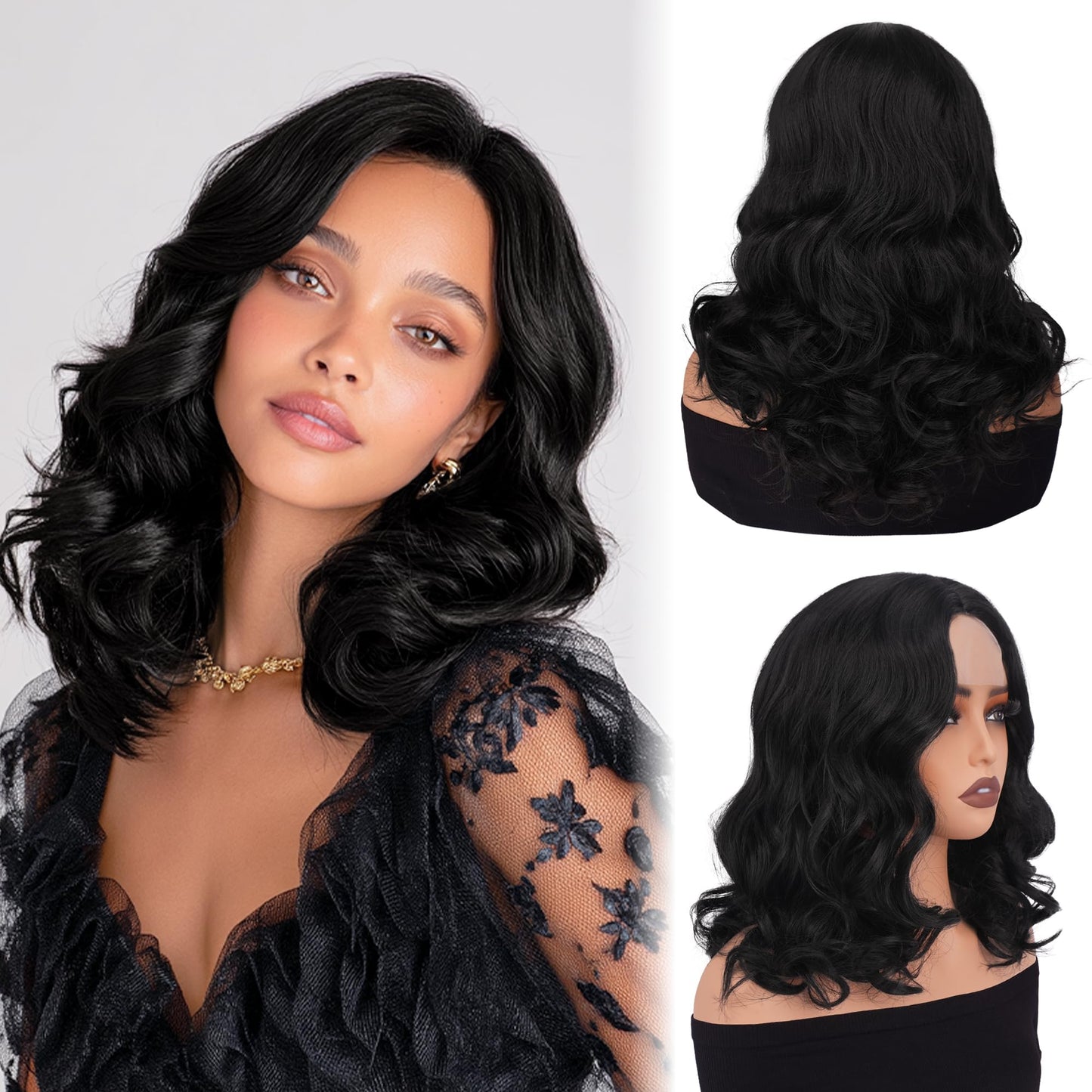 Sidaila Wigs for Women，Synthetic Lace Hairline Heat Resistant Body Wave Wig，14 Inch Shoulder Length Bob Style Wig Layered Natural Curly Hair Wigs for Women for Daily Party Use - 1B# Black