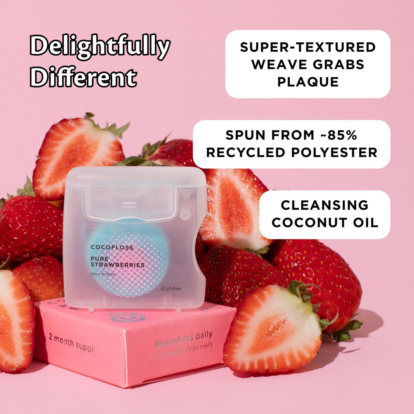 Cocofloss Expanding Woven Dental Floss by Cocolab, Waxed Tooth Floss for Daily Oral Care, Coconut Oil Infused, Vegan, for Adults and Kids, Strawberry Scent, 3 Pack