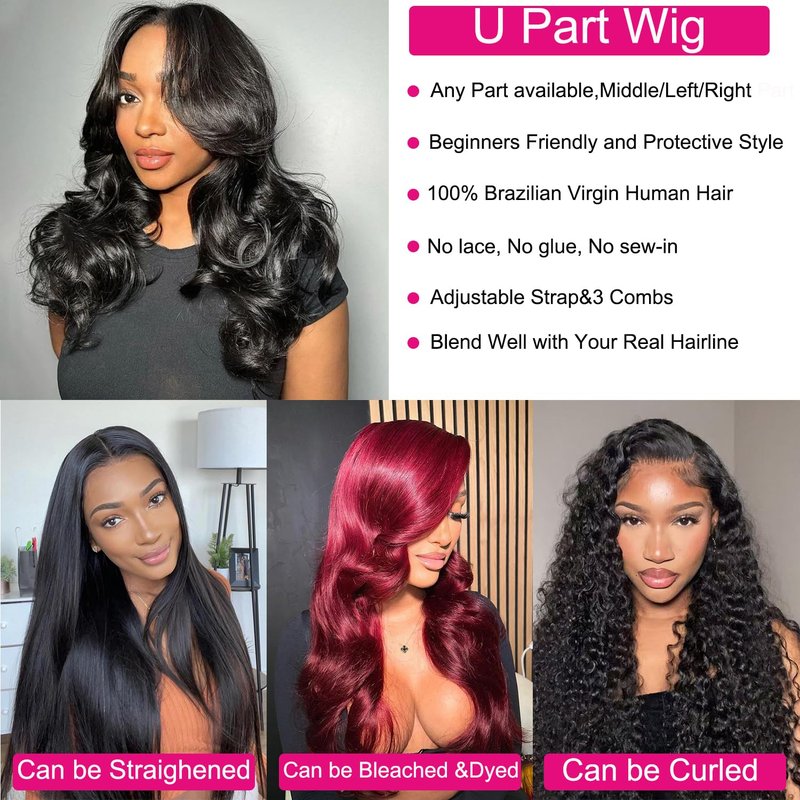U Part Human Hair Wig - Body Wave Glueless Wig for Black Women | 14 Inch, 180% Density, Beginner Friendly