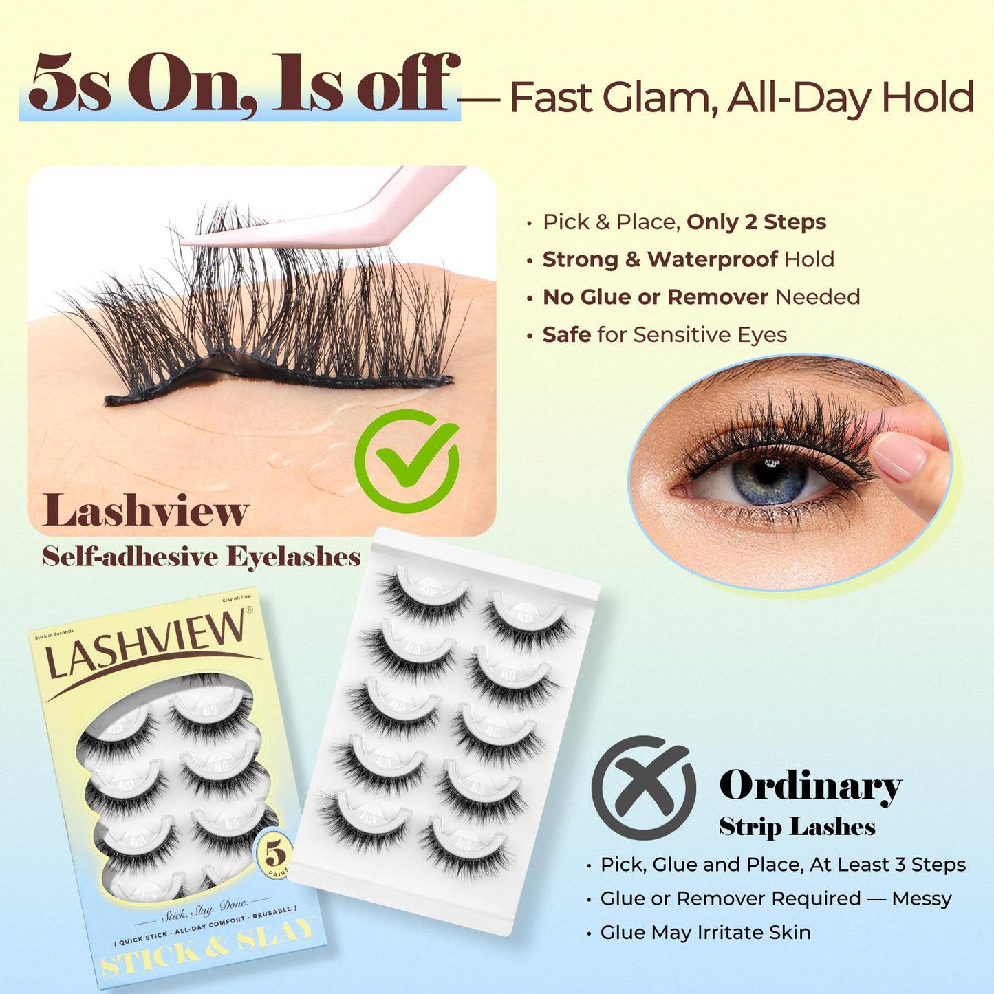 LASHVIEW Self Adhesive Eyelashes, 5 Pairs Natural Look Press On Lashes No Glue Need Eyelashes Reusable Cat Eye Wispy Self-adhesive False Lashes with Replacement Strips & Tweezers (C122)