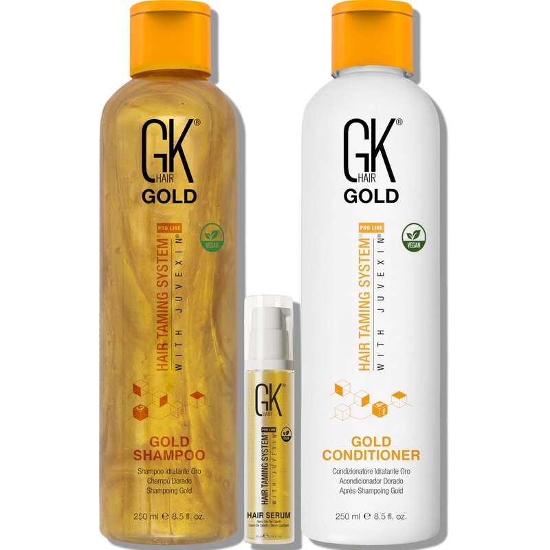 GK Hair Gold Shampoo and Conditioner Duo with Free Argan Oil Serum Contains Argan Oil, Shea Butter, Natural Oils for Hairs Moisturizing Shine and Protection