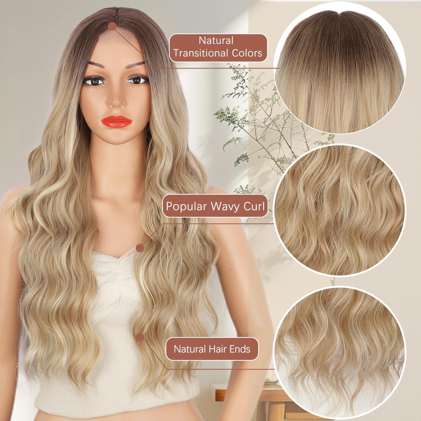 XIXIBI Long Blonde Wigs for Women, Beach Blond Highlight Wavy Curly Middle Part Wigs with Dark Roots, Synthetic Heat Resistant Natural Hair Wig for Daily Party