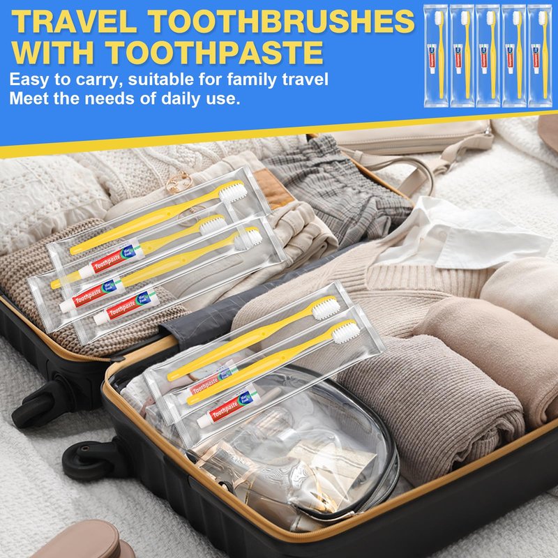 MAGDIY Disposable Toothbrushes with Toothpaste 100 Pack, Travel Size Toothbrush and Toothpaste Set, Bulk Tooth Brush Tooth Paste Kit, Individually Wrapped Travel Toiletries for Homeless, Hotel
