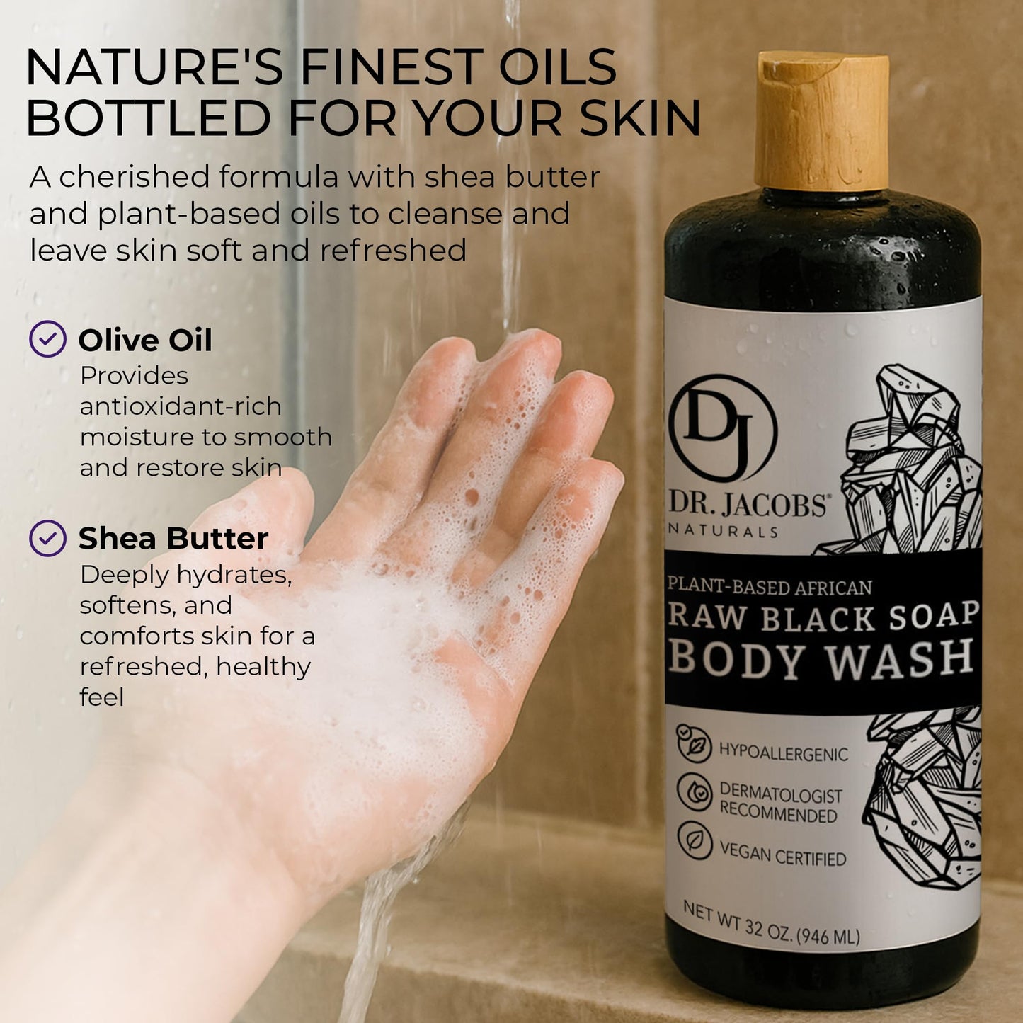 Dr Jacobs Naturals Authentic African Raw Black Soap, All-In-One Cleanser for Face Wash, Sensitive Skin Body Wash, Shampoo, Shaving Soap | Shea Butter Moisturizing and Nourishing Formula | 32oz 1pk