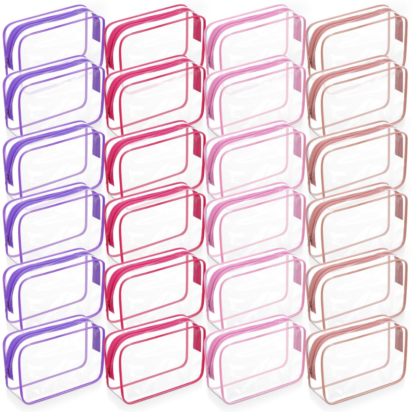 SilTriangle 24 Pack Clear Makeup Bags Bulk Cosmetic Storage Bag Waterproof PVC Pouch with Zipper for Travel Organizer Plastic Toiletries Case for Women Traveling Bathroom, 7"x 4.7"x 2.4" (Pink)