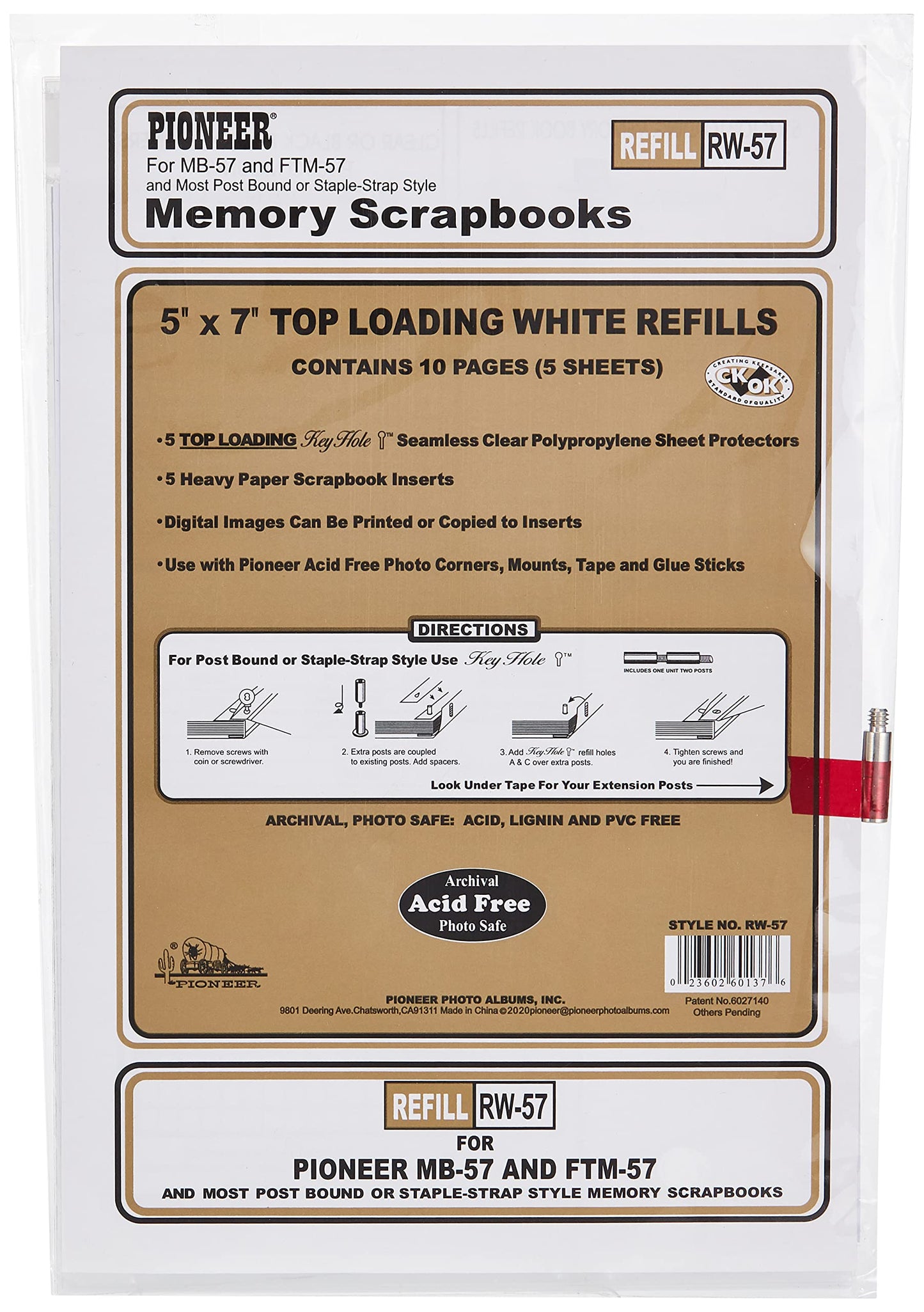 Pioneer Postbound 5 Inch by 7 Inch White Top Loading Refill Pack