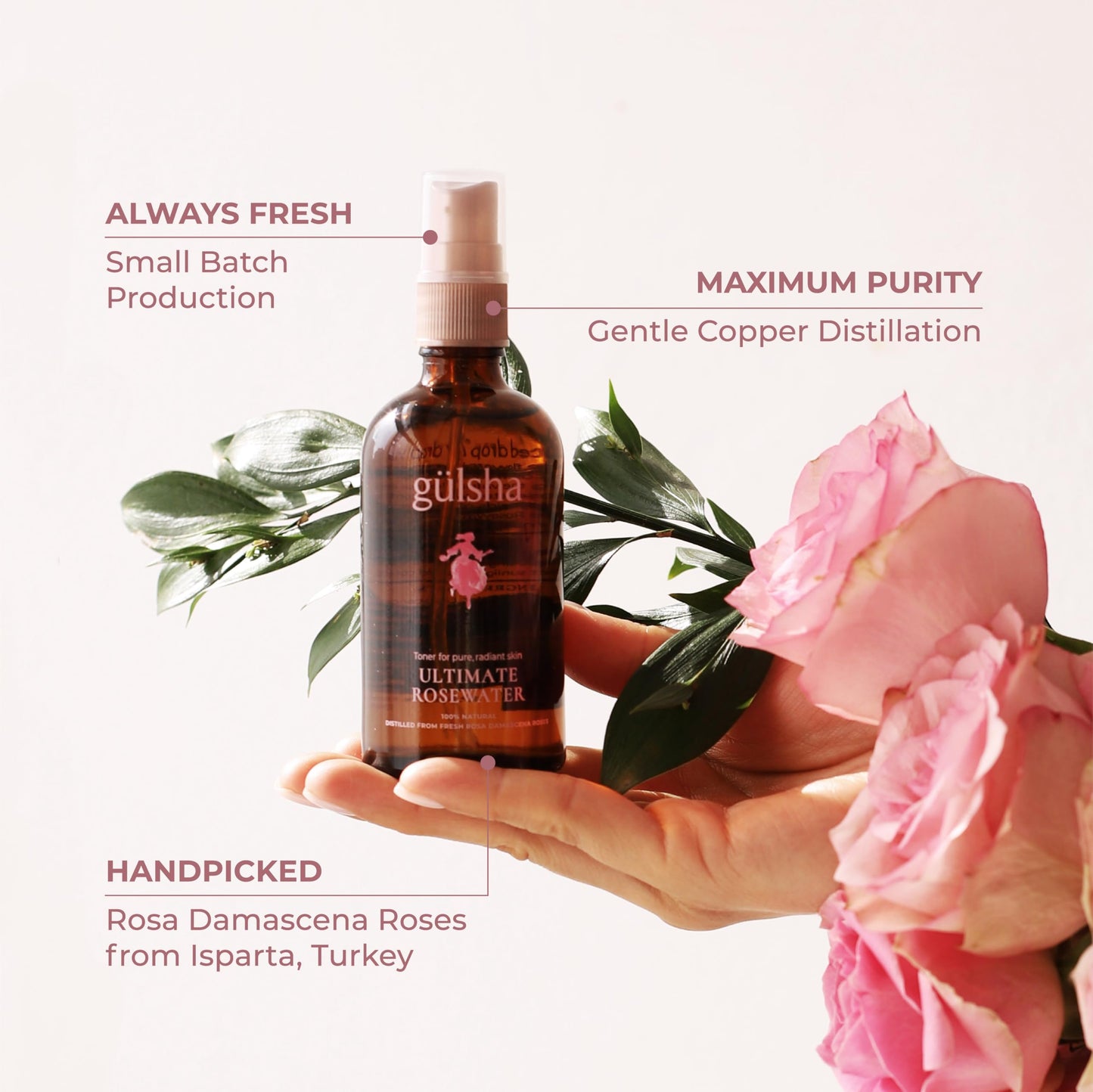 GULSHA ULTIMATE ROSEWATER, Natural Rosa Damascena Flower Water, Cleanses, Nourishes and Tones Skin, Restores Radiance to Your Skin, Free from Chemicals, 100% Natural Glow Rose Essence, 100ml/3.38 FlOz