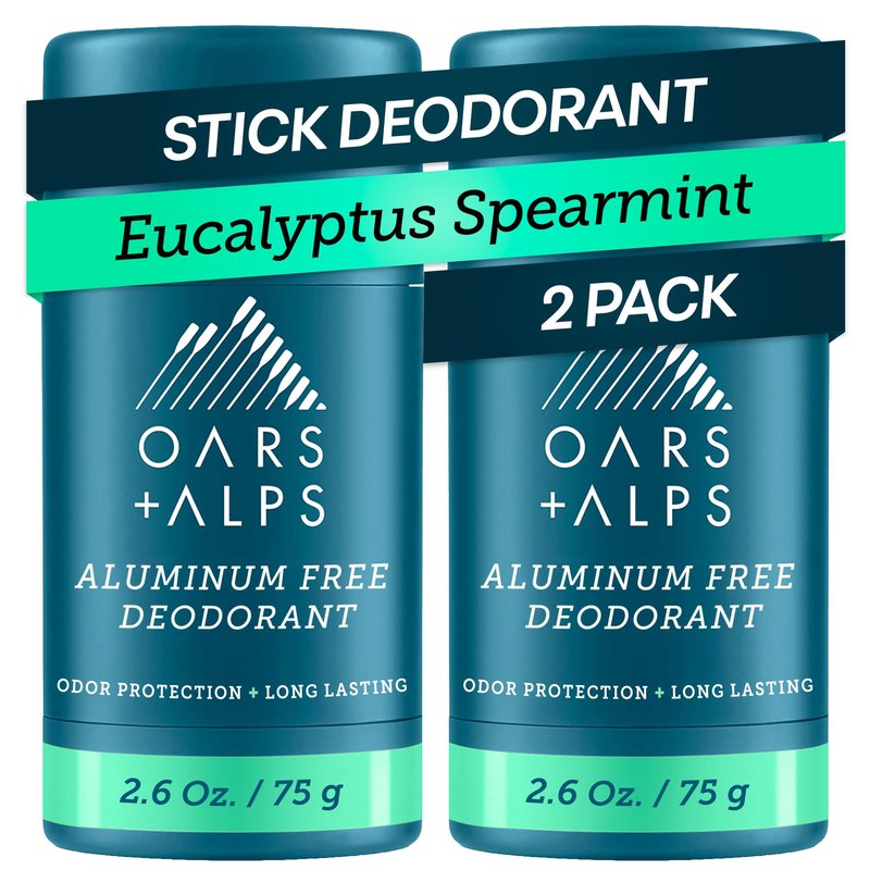 Oars + Alps Aluminum Free Deodorant for Men | Long Lasting Odor Protection, Clear & Free of White Residue, Anti-Chafing Smooth Glide, Dermatologist Tested, Eucalyptus Spearmint, 2pk, 2.6oz