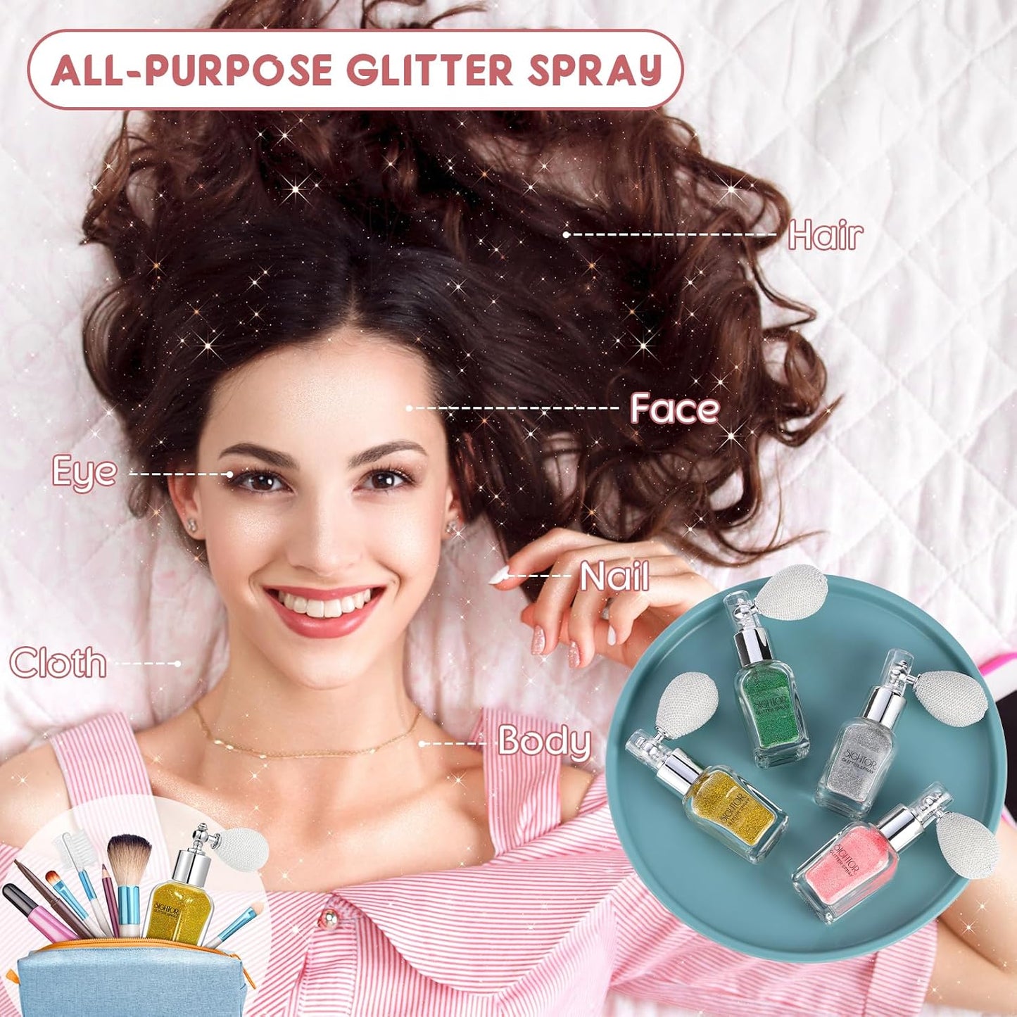 Body Glitter Spray - 30ML Shiny Highlighter for Body, Hair & Face | Sparkle Pearl Makeup in Gold