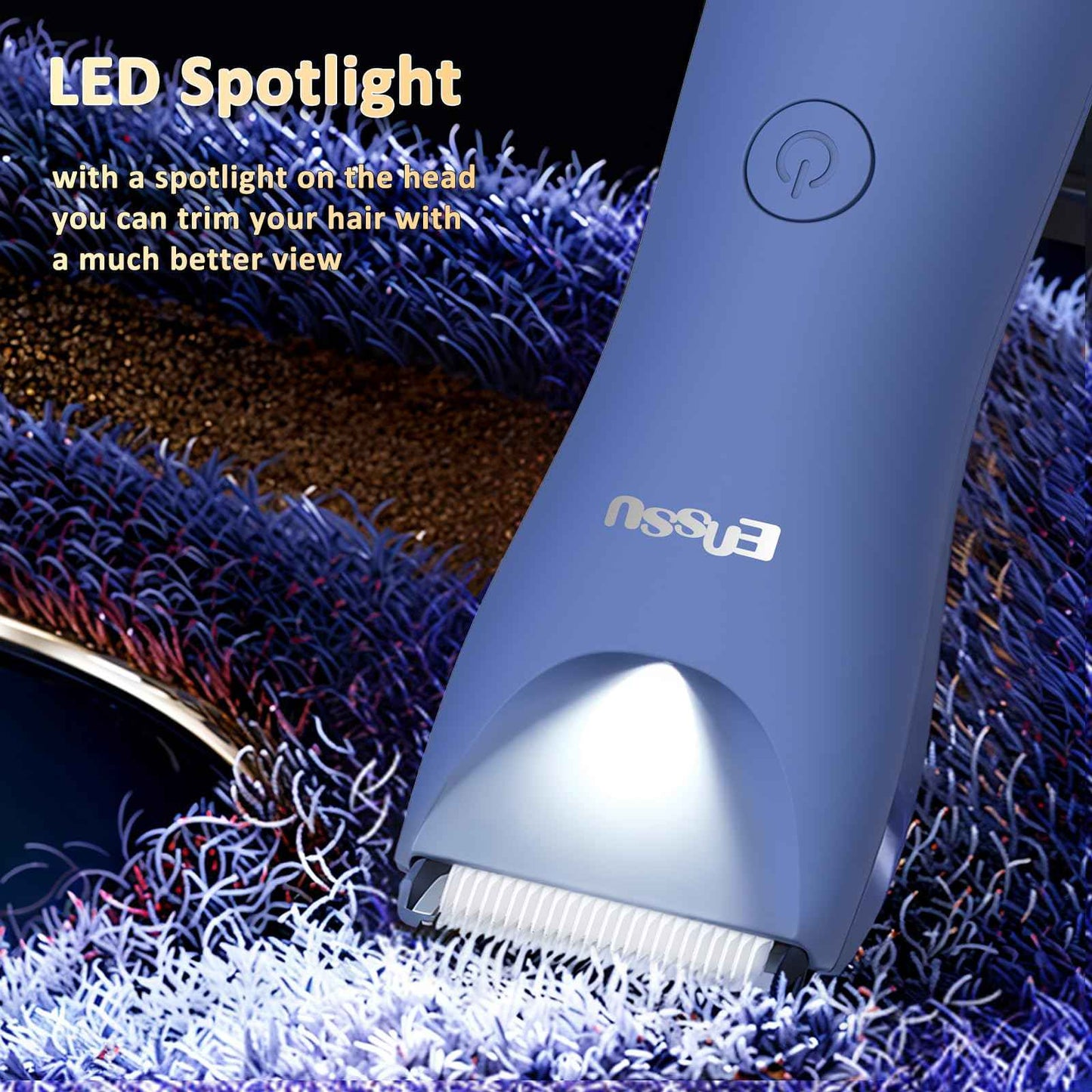 ENSSU Body Hair Trimmer for Men with Light, IPX7 Waterproof Ball Pubic Groin Hair Trimmer for Man with Ceramic Blade, Rechargeable Body Groomer for Men with Charing Dock,LED Display,Blue