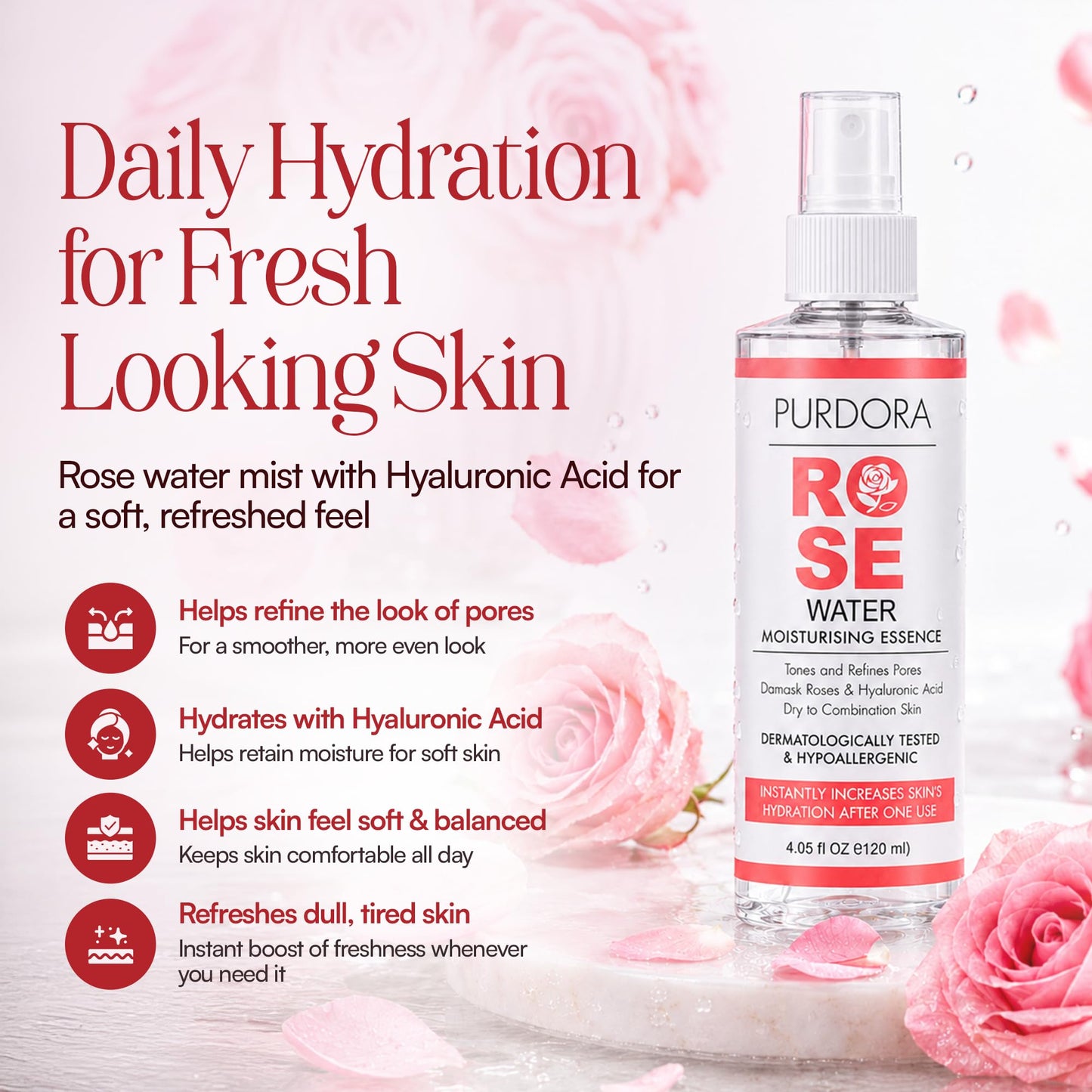 PURDORA Rose Water Spray for Face, 4 Fl Oz Damask Rose Water Toner & Hydrating Mist for Dry to Combination Skin, Refreshes Skin, Non-Sticky, Hypoallergenic, No Dyes, Alcohol Free, Vegan