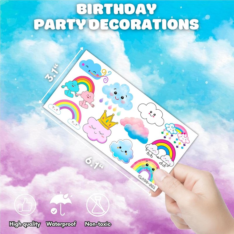 Cute Cloud Temporary Tattoo Stickers - 96 PCS Pastel Rainbow Party Decor | Kids Birthday Favors & Classroom Rewards