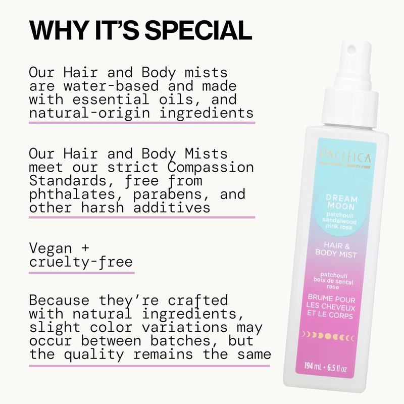 Pacifica Hair Perfume & Body Fragrance Mist - Dream Moon Scent with Vanilla, Almond & Spices | Alcohol-Free, Vegan, 6.5 oz