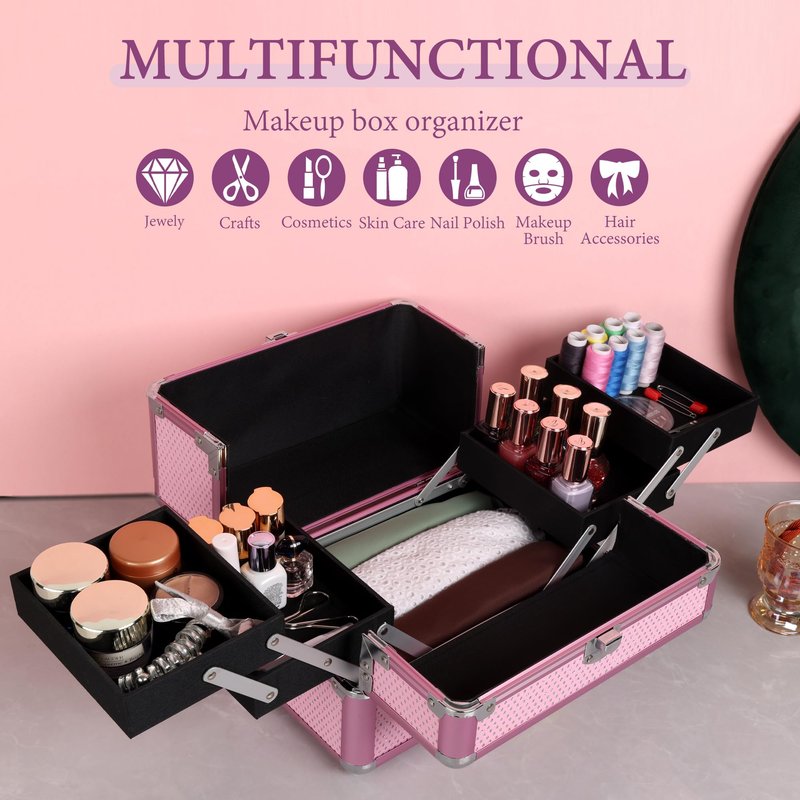 HAISKY Makeup Train Case Cosmetic Organizer Case Makeup Box Portable Make Up Artist Travel Case with 4 Trays Dividers Lockable Hard Train Case Nail Tech Supply Storage - Crystal Pink