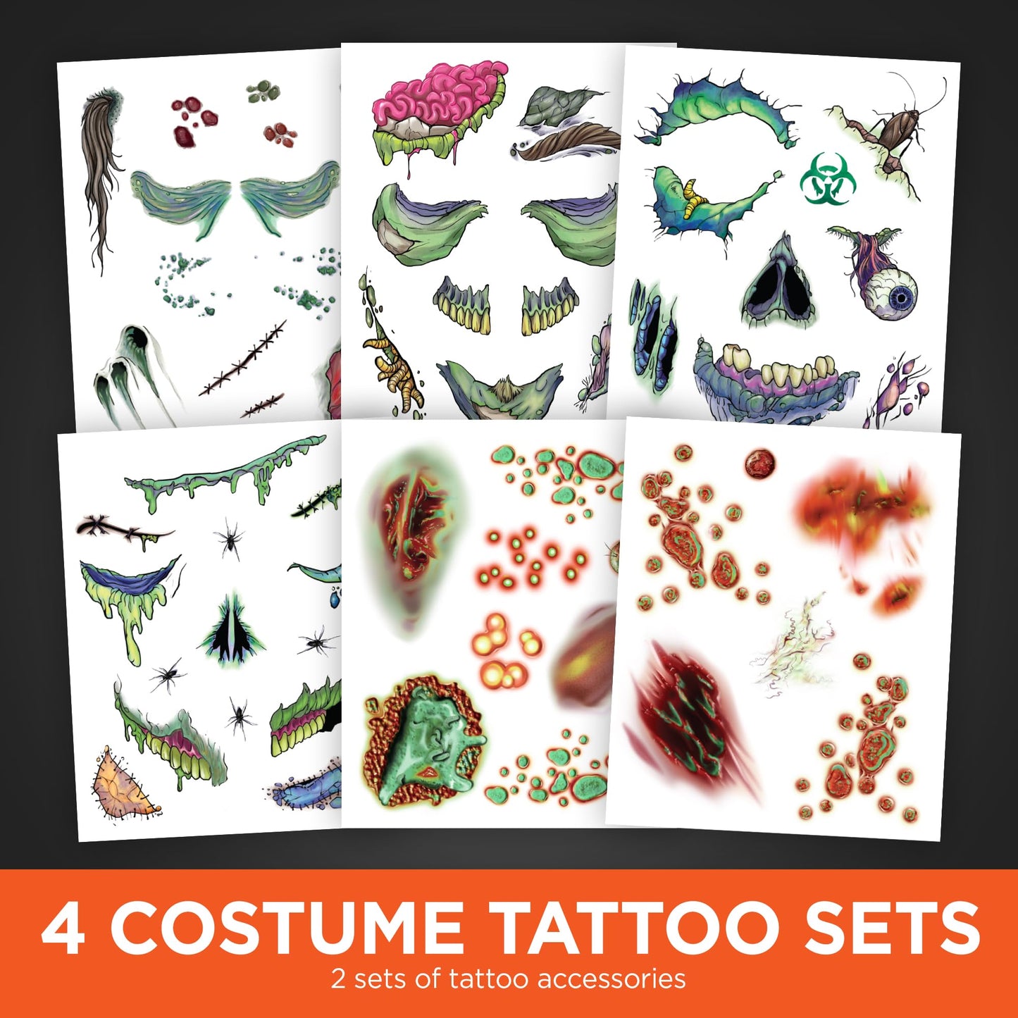 Zombie Face Temporary Tattoos – 25 Pack | Realistic Halloween Costume Makeup, Scars, Wounds & Blood FX, Easy to Apply & Remove, Waterproof, Skin-Safe