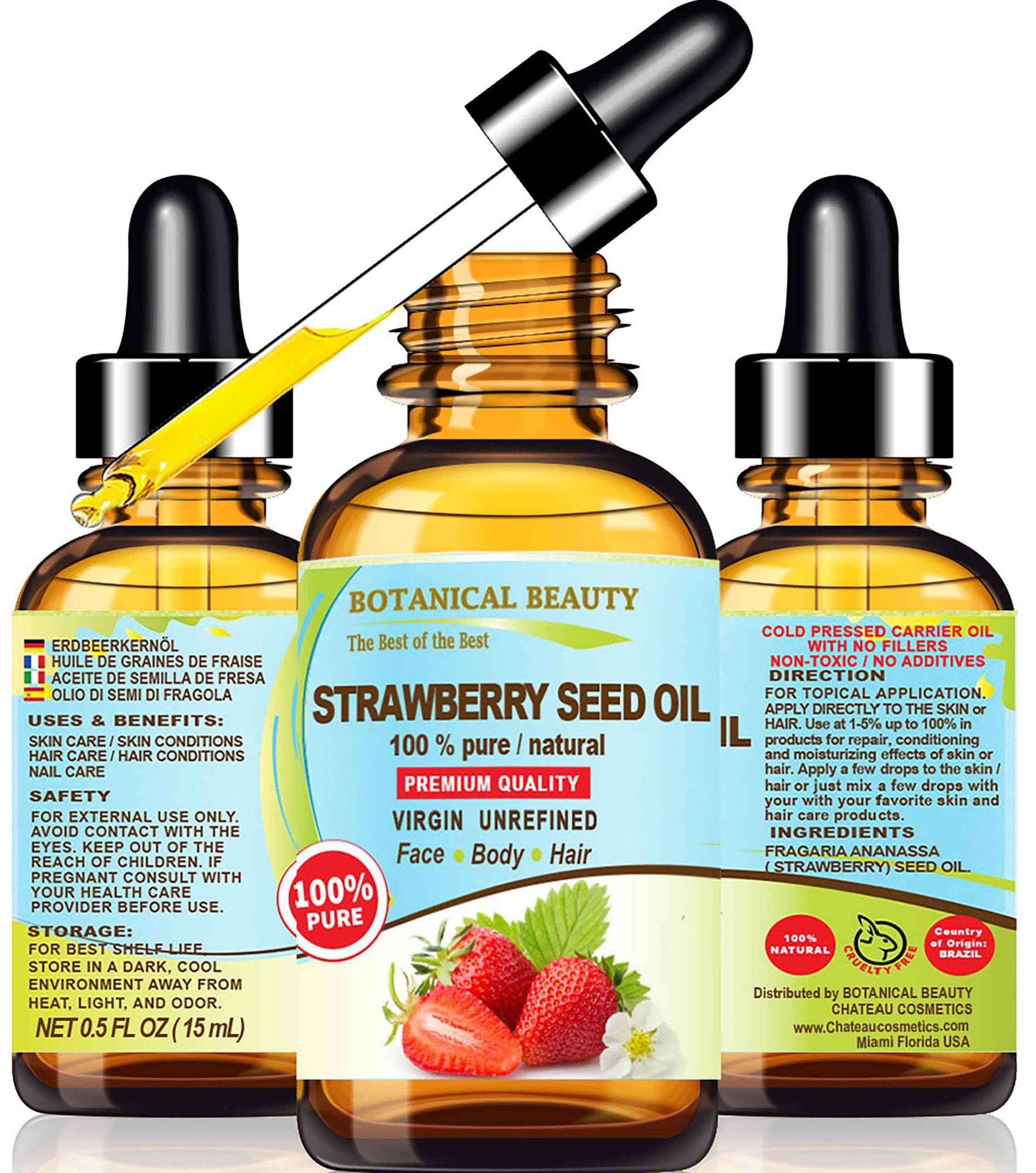 Botanical Beauty STRAWBERRY SEED OIL. 100% Pure Natural Virgin Unrefined Cold Pressed Carrier Oil 0.5 Fl Oz- 15 ml. for FACE, SKIN, BODY, DAMAGED HAIR, NAILS. Rich in Omega-3, Vitamin C, Vitamin E