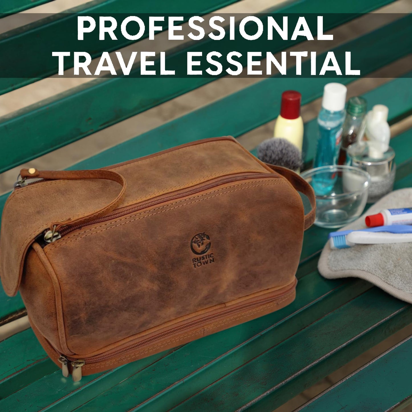 RUSTIC TOWN Leather Toiletry Bag for Men - Travel Shaving Ditty Kit - Bathroom Shower Toiletries Organizer - Cosmetic Makeup Bag for Women
