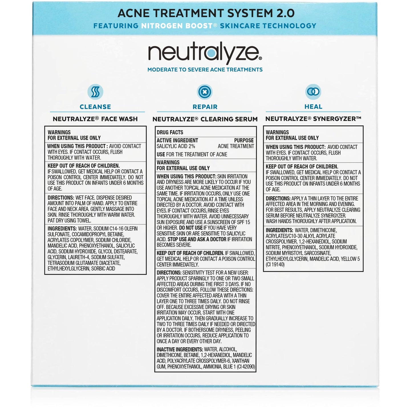 Neutralyze Moderate to Severe Acne Treatment Kit 2.0 - Maximum Strength 3 Step Acne Kit with 2% Salicylic Acid, 2% Mandelic Acid & Nitric Oxide - Includes Face Wash, Clearing Serum & Synergyzer