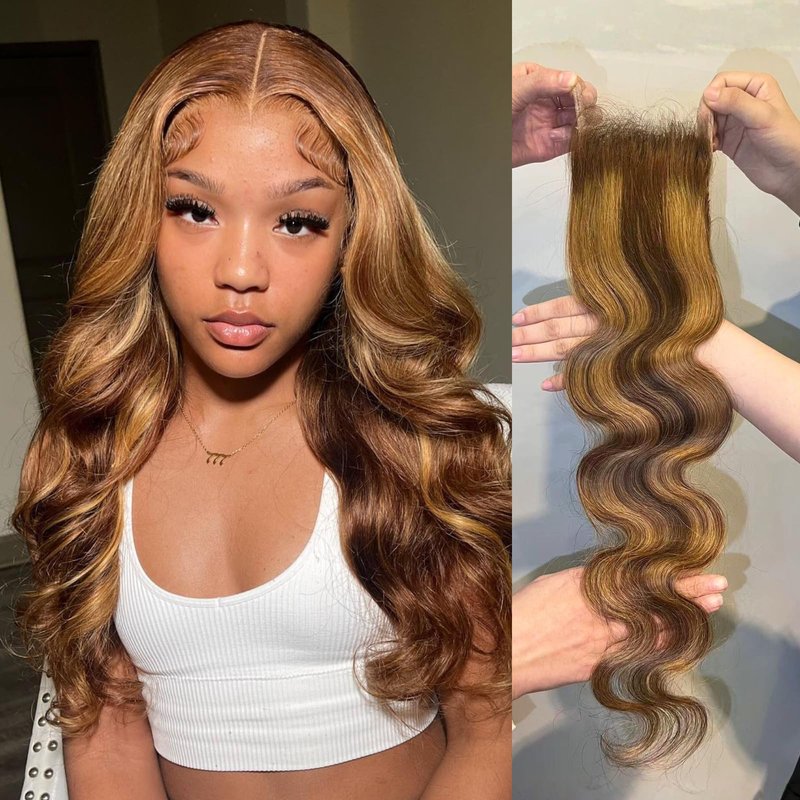 AUROO 13x4 Honey Blonde Highlight Body Wave Frontal Only Human Hair 10 Inch, 12A 100% Virgin Brazilian P4/27 Brown Ombre Ear to Ear HD Lace Frontal Closure Only Pre Plucked Colored Human Hair Sew In