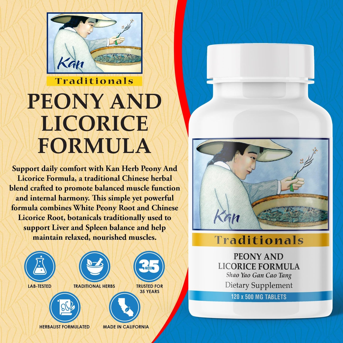 Kan Herb Company Peony & Licorice Formula Tablets – Traditional Chinese Herbal Blend with White Peony Root & Chinese Licorice to Support Liver Balance, Muscle Comfort & Digestive Harmony, 120 Tablets