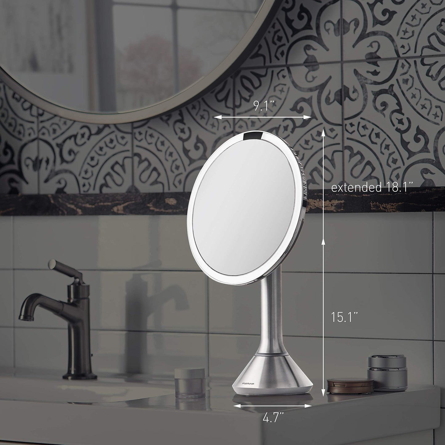 simplehuman 8" Round Sensor Makeup Mirror with Touch-Control Brightness, 5X Magnification, Rechargeable and Cordless, White Stainless Steel