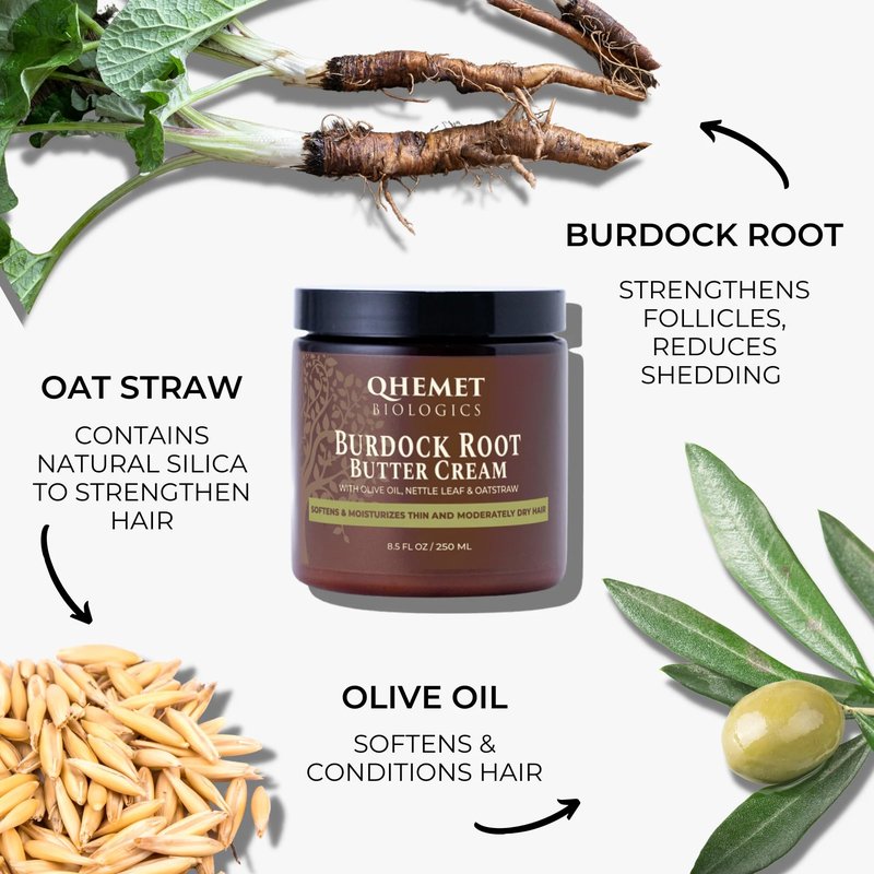 Qhemet Biologics Burdock Root Butter Cream - Leave-In Moisturizer for Low Porosity Hair - Helps Soften and Smooth Dry, Brittle Edges - Conditioning Botanicals to Nourish Scalp (8.5 oz)